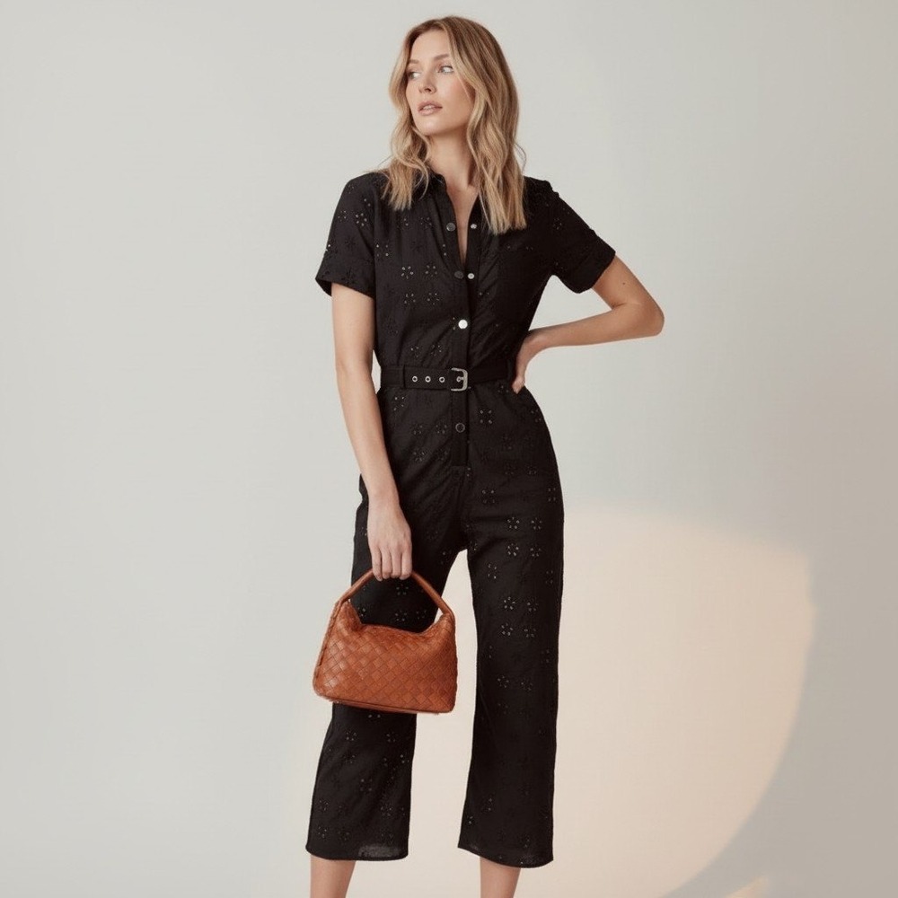 For Love & Lemons Black Eyelet Button Front Belted Jumpsuit Short Sleeve Small